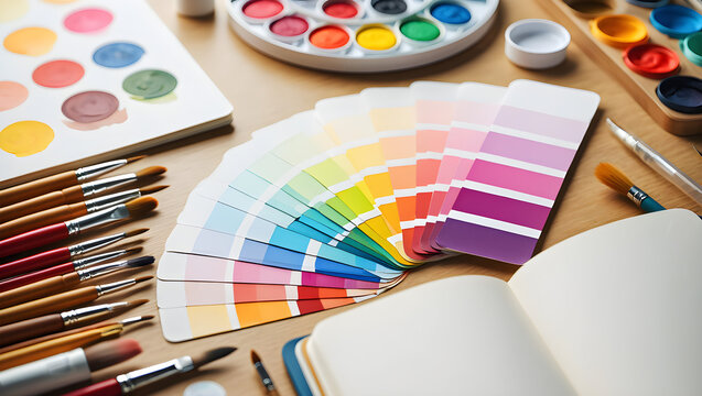 Colorful artistic paint brushes, palette, and watercolor set for school art and creative drawing supplies - Powered by Adobe