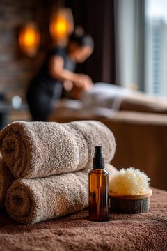 Close up of spa setting with towels oil bottle and brush with person in background on massage table