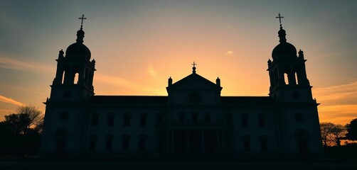 Obraz premium Elegant church silhouette against a sunset, showcasing architectural details, beautiful, vector
