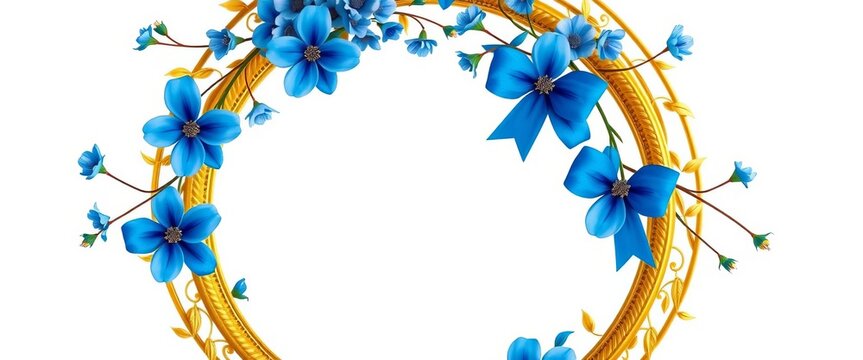 Elegant gold & blue floral wreath frames a gold circle, adorned with blue flowers & bows, visual, party - Powered by Adobe