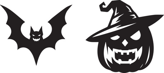 Happy halloween elements in black and white silhouette