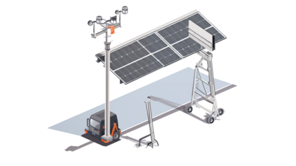 Isometric view of a mobile solar panel cleaning system with drones attached