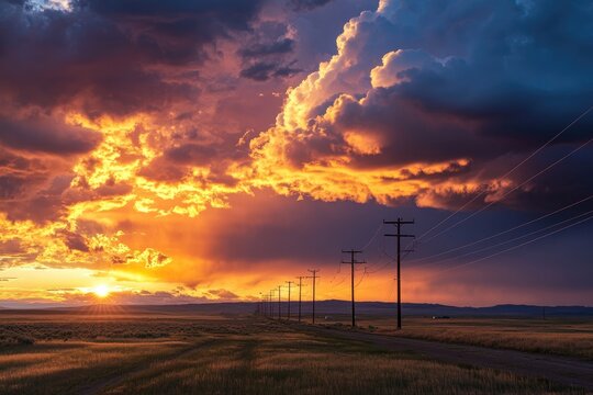 Dramatic sunset over a rural landscape with storm clouds and power lines - Powered by Adobe