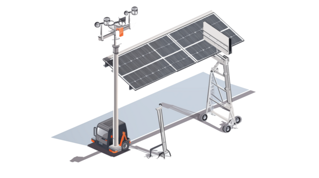 Isometric view of a mobile solar panel cleaning system with drones attached