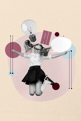 Trendy 3d poster pop image photo collage of happy teenage schoolgirl jump ai letters light bulb...
