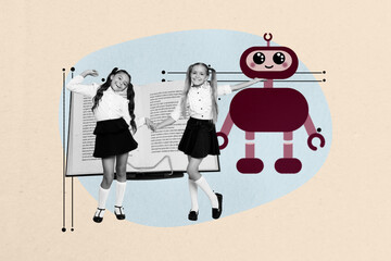 Banner full art image poster collage of two happy classmates girl stand robot ai app open book literature subject preparation