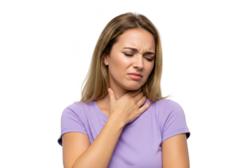 Woman holding her throat in pain isolated on transparent background