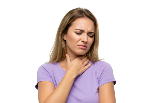 Woman holding her throat in pain isolated on transparent background