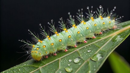 Fototapeta premium Ai generated image of green caterpillar crawls on a leaf with water droplets on its back