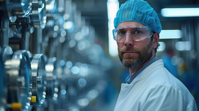Lab technician monitors bioreactor vessels in a high-tech pharmaceutical production facility, highlighting the biotech aspect of bioreactor control and precision in modern drug manufacturing process..
