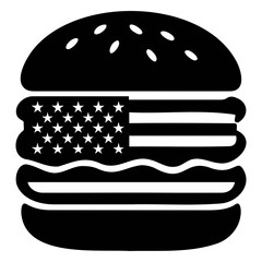 A stylized black and white burger silhouette with american flag filling and sesame seed bun top