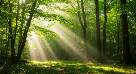 緑豊かな森に差し込む神秘的な光線 自然の美しさと静寂を感じる癒しの風景