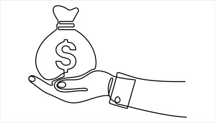 
Hand holding money bag with coins stack continuous one line drawing. Business concept. Continuous one line drawing of hand holding money bag. Money storage and investment single Line art.