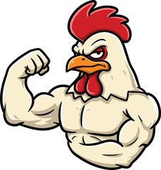 Strong Muscular White Rooster Chicken Character Flexing Bicep - Farm Animal Power, Strength, Fitness Symbol, Bodybuilding Mascot, 💪 Protein Source.