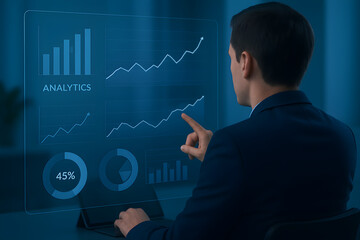 Man Analyzing Digital Data on Futuristic Screen