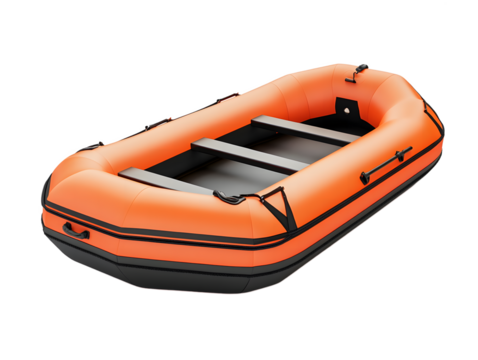 Bright orange inflatable raft with black accents and seats isolated on transparent background