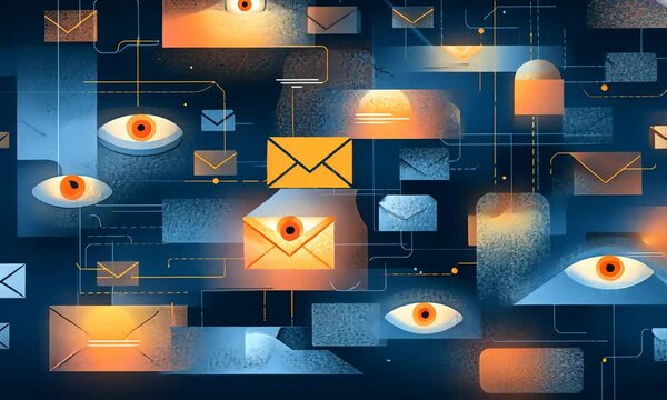 Abstract digital art featuring eyes and envelopes with an interconnected, network-like design. Orange and blue tones create depth
