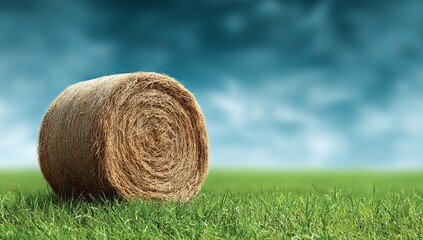 A round bale of hay sitting on top of lush green grass with a blue sky in the background.