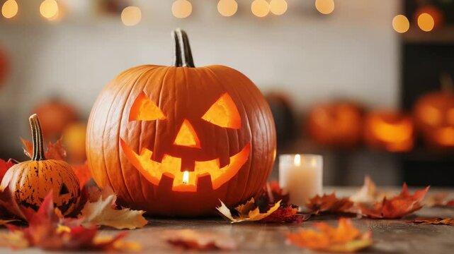 Halloween background. A glowing jack-o&rsquo;-lantern pumpkin sits among autumn leaves with candles and festive lights in the background.