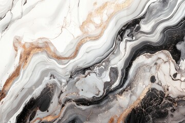Abstract marble-like design with flowing lines of white, gray, black, and gold