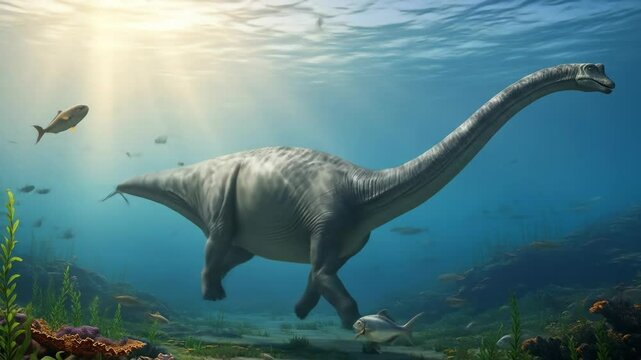 Prehistoric Marine Dinosaur in Underwater Scene - A large, long-necked dinosaur swims gracefully through a vibrant underwater scene filled with various fish and aquatic plants.