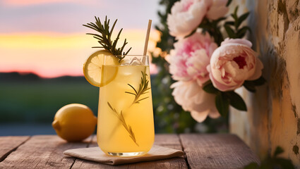 a warm and intimate cinematic photograph of a refreshing iced lemon drink garnished with a sprig of rosemary and a slice of lemon, placed on a rustic wooden table or a weathered stone wall, set agains