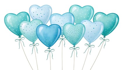 Floating Collection of Watercolor Heart Balloons in Varied Blues, Perfect for Celebrations and Creative Projects.