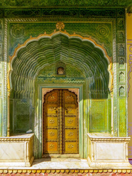 Colorful gate of Pritam Niwas Chowk of City Palace in Jaipur, India.