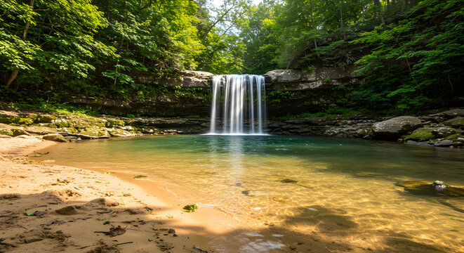 A scenic waterfall cascades into a clear pool surrounded by lush green trees and rocky cliffs on a sunny day
