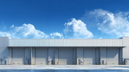 Obraz premium Large industrial building with multiple bay doors, set against a bright blue sky with fluffy white clouds. Modern architecture and storage.