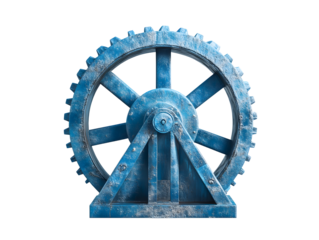 A weathered blue industrial gear with a sturdy base and spokes isolated on transparent background