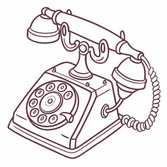 Retro dial telephone in pink color. Vintage wire phone contour drawing. Old electronic device. Cute vector clipart