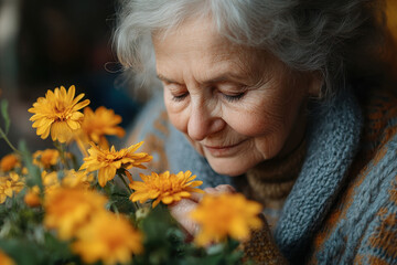 Older woman deeply smelling vibrant flowers.