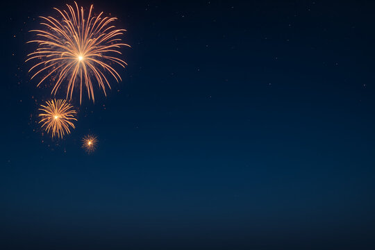 Golden fireworks exploding on left side of clear starry night sky, dramatic negative space for text
