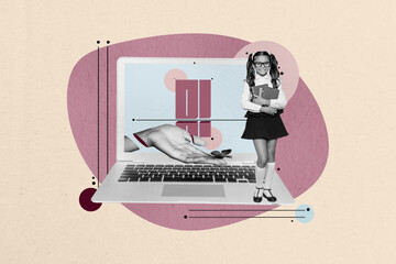 Full 3d poster art collage of happy schoolgirl stand laptop hand peek butterfly artificial...
