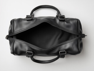 Black leather briefcase open, top view, stands on white background.