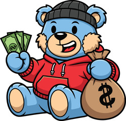 Cute Blue Teddy Bear Character in Beanie and Hoodie Holding Green Cash Money and a Sack of Dollars - Financial Success Concept, Wealthy Mascot, Investment Symbol