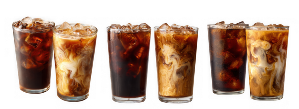 Five glasses of iced coffee, some with cream, isolated on transparent background, showing a refreshing summer drink