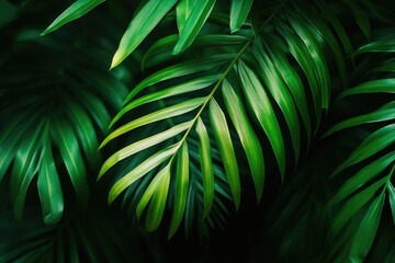 Close-up of lush tropical palm fronds.  Deep green leaves with vibrant highlights, creating a dense, textured backdrop