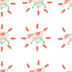 Christmas children's drawings with seamless pattern on white isolation background with wax crayons. Textural and festive repeating pattern in green,red and gray colors. New Year illustrations