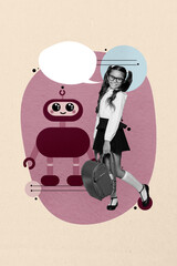 Vertical pop poster banner collage of happy small schoolgirl hold rucksack stand artificial...