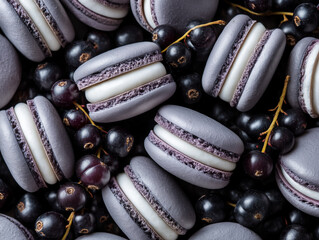 Macarons on blackcurrant background, close-up, top view