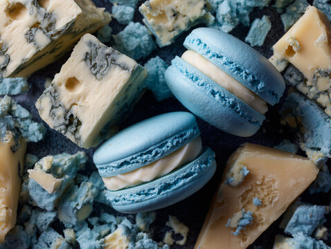 Blue macaroons with dorblu cheese on a blue background, surrounded by pieces of cheese, top view
