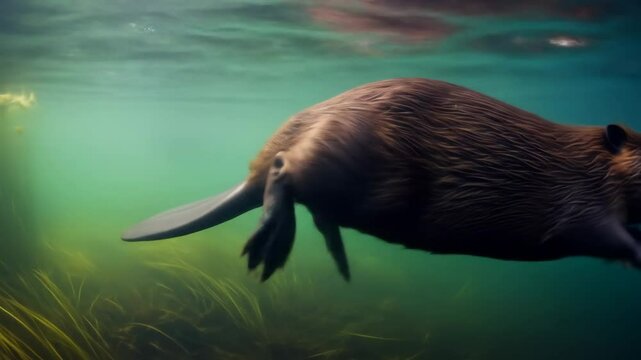 Underwater Beaver Swimming in Aquatic Vegetation - A North American beaver gracefully swims through a vibrant underwater scene, its dark brown fur contrasting against the green aquatic plants.