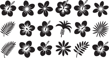 Sixteen Bold Black Tropical Flower Silhouettes Including Hibiscus and Palm Fronds on White Background 1