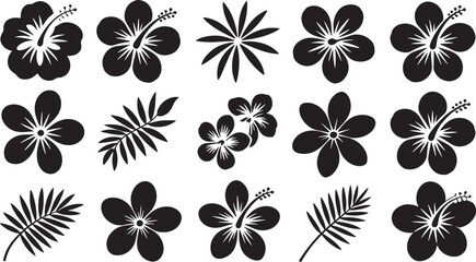 Sixteen Bold Black Tropical Flower Silhouettes Hibiscus Plumeria Fronds Floral Design Elements vector 1