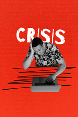 Composite artwork collage template sketch of young man stress work laptop loss career crisis...