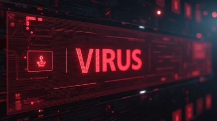 A virus alert warning displayed on a digital screen with red danger symbols and glitch effects, in a futuristic environment