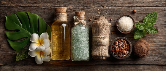 Obraz na płótnie Canvas Overhead shot of spa treatment bottles and bowls with natural elements on a wooden surface top view