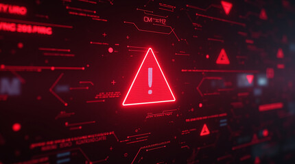 A virus alert warning displayed on a digital screen with red danger symbols and glitch effects, in a futuristic environment